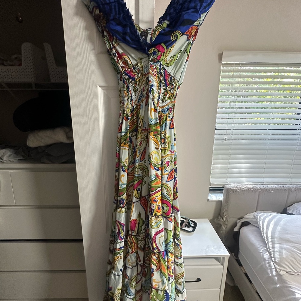 Blue and White V-Neck Sleeveless Maxi Dress